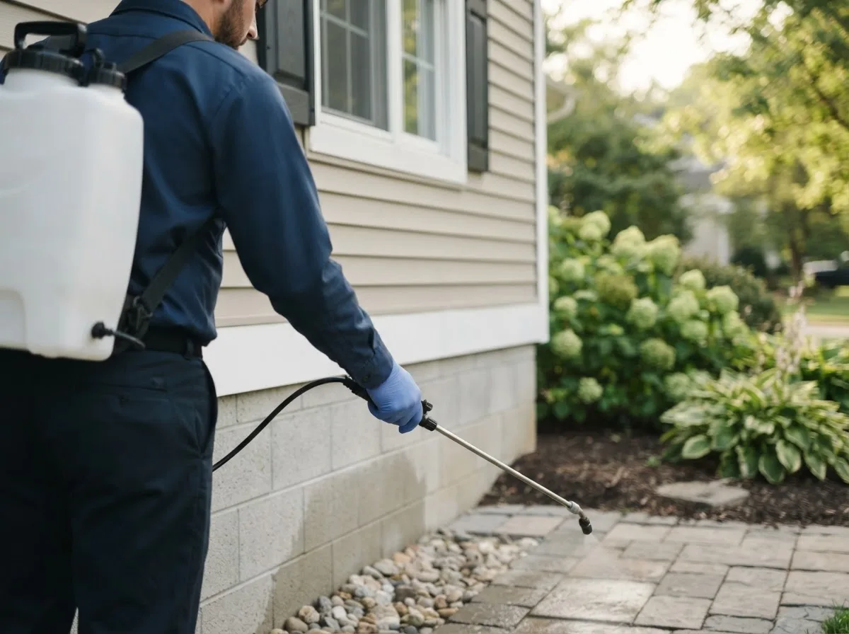 Pest control technician inspecting a home in Naper, NE